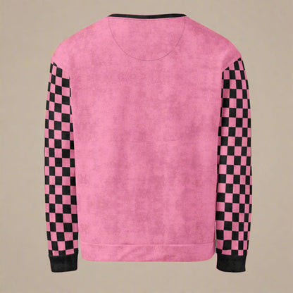Pink sweatshirt with black checkered sleeves on a beige background