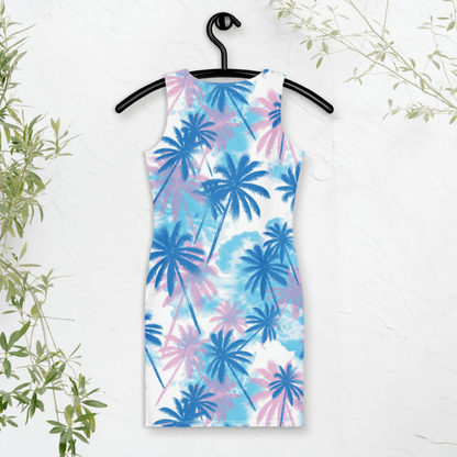 Pastel Palm Bodycon Dress | Tropical Sunset Vibes in Soft Pink & Blue - Bodycon Dress
