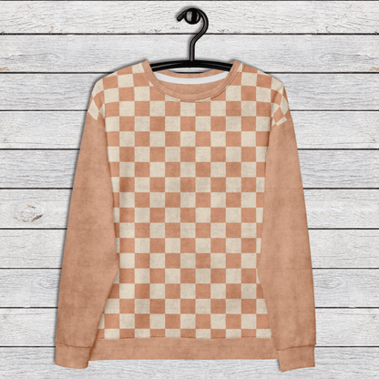 Peach and Cream Checkered Crewneck Sweatshirt for Men & Women – Retro Streetwear Pullover with All - Over Checkered Front Panel