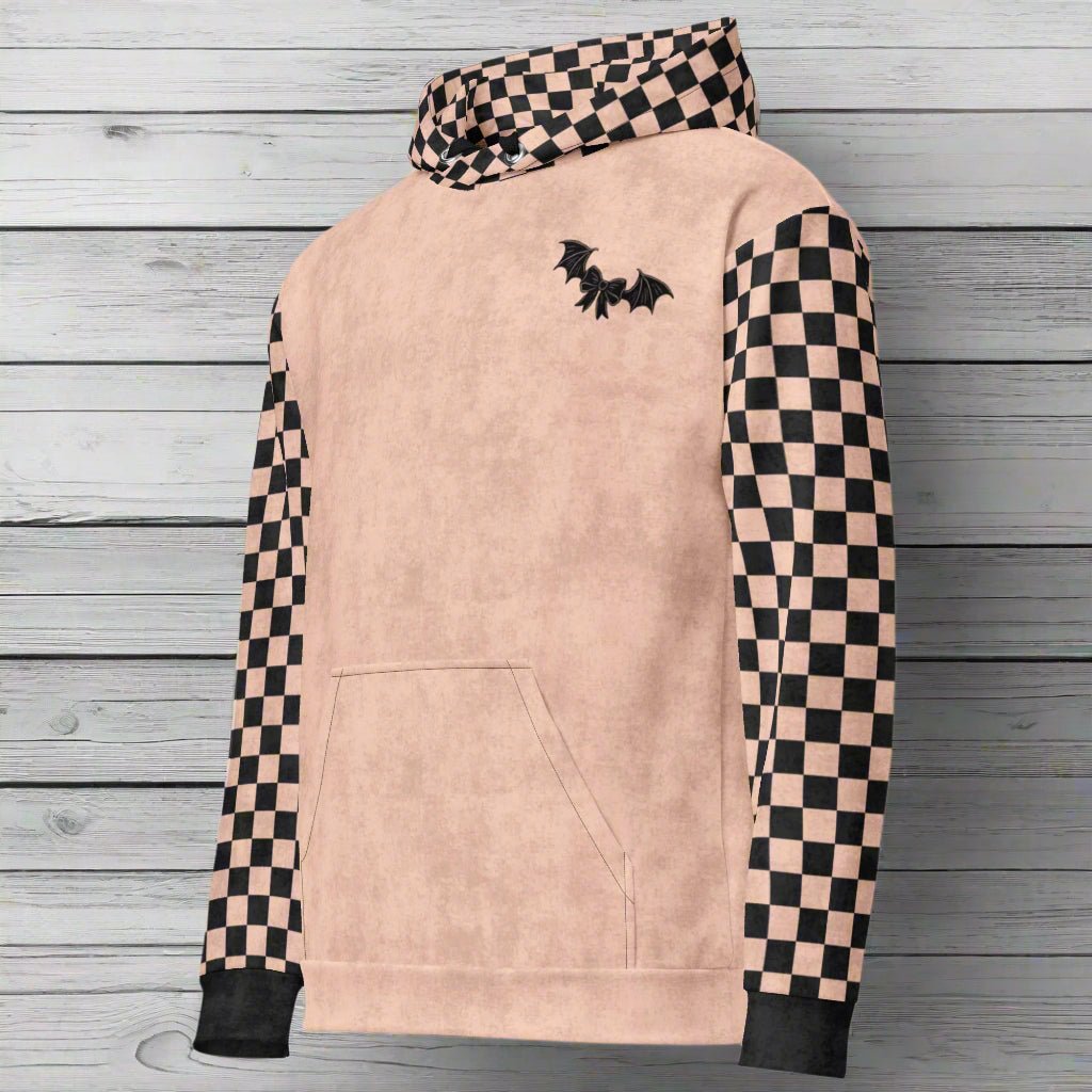Beige hoodie with checkered sleeves and a bat design 