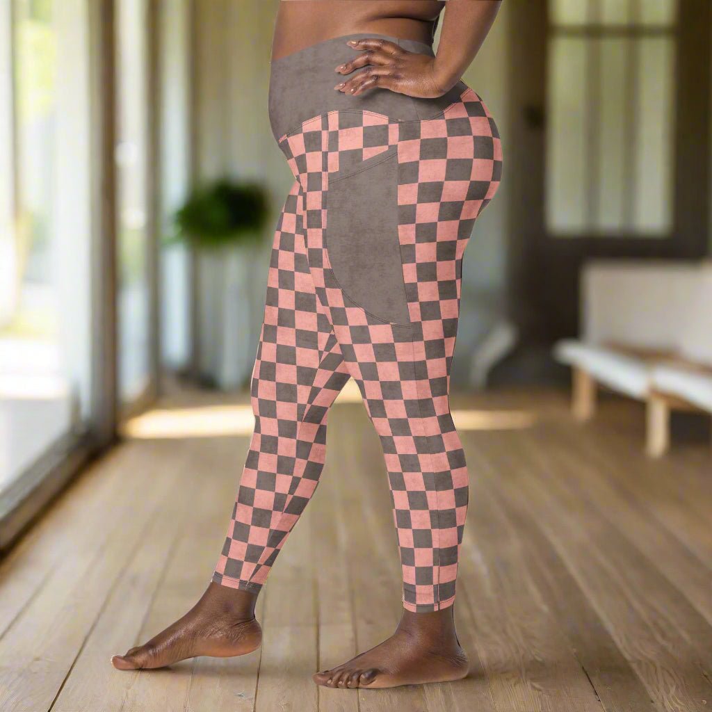 Checkered leggings with pink and espresso pattern on a white background