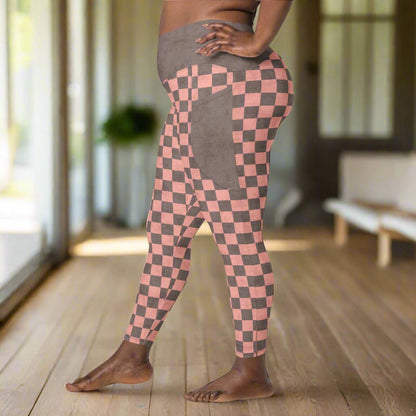 Checkered leggings with pink and espresso pattern on a white background