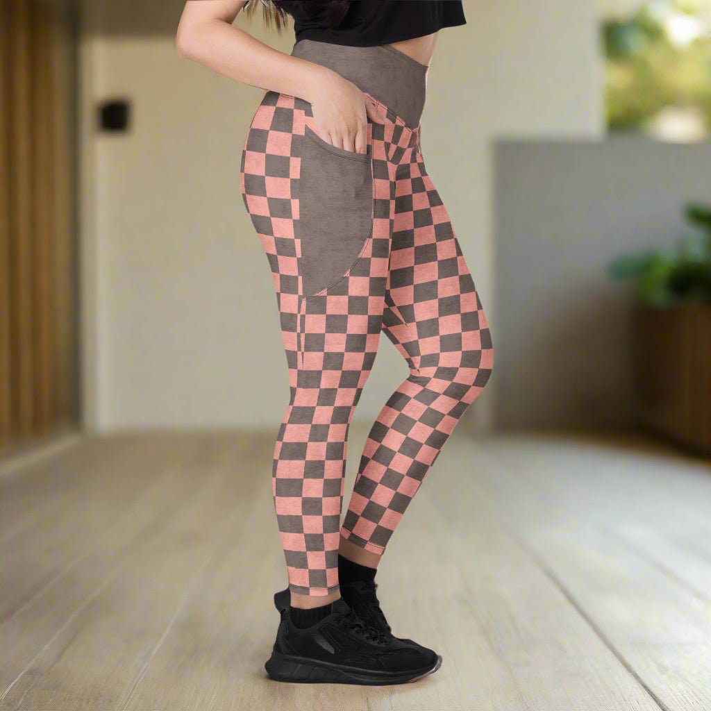 Checkered leggings with pink and brown pattern worn by a person