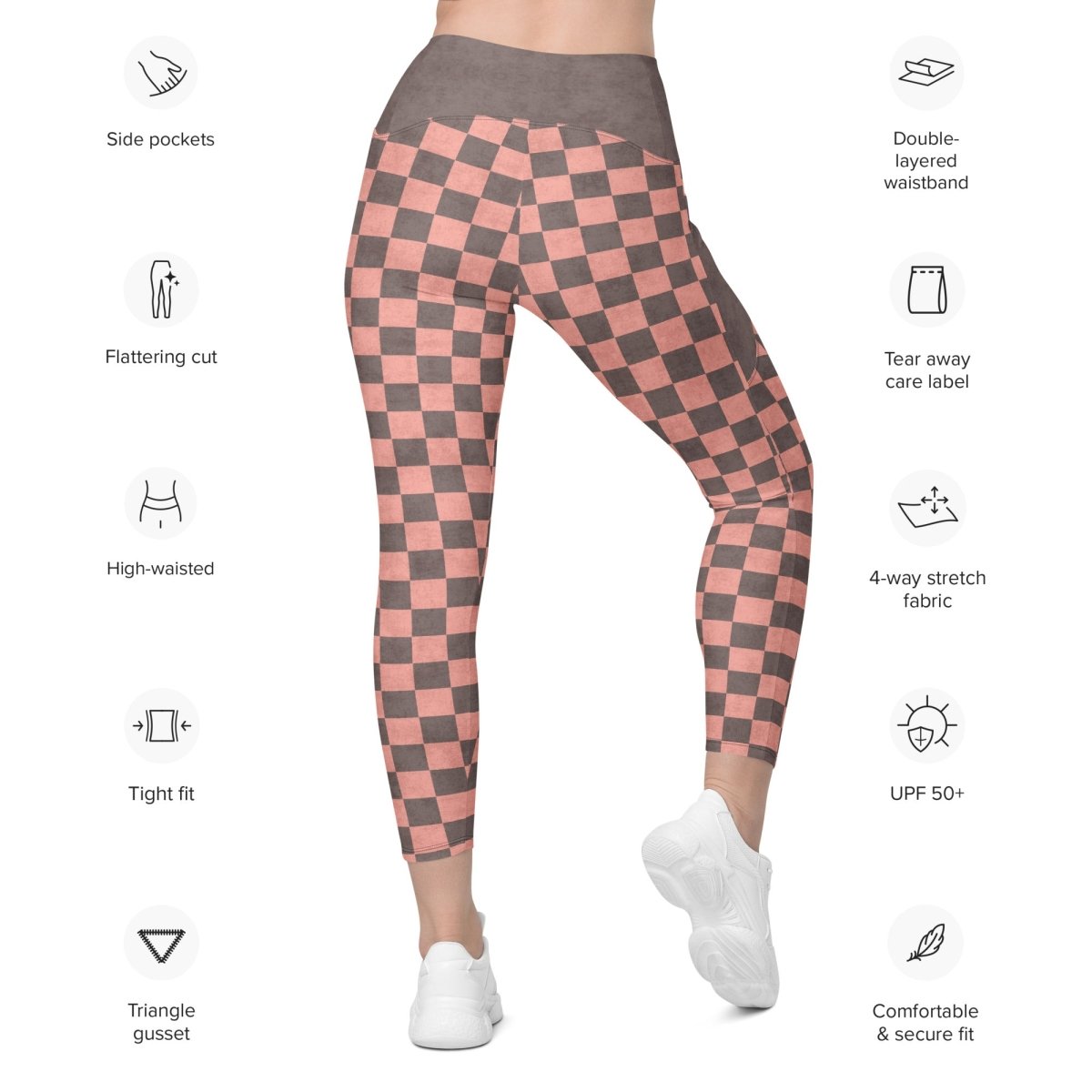 Checkered leggings with features listed on a white background