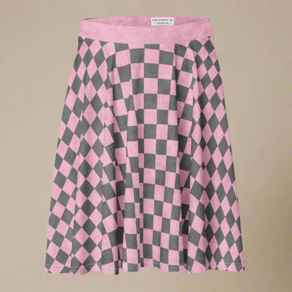 Pink and gray checkered skirt with 'Fieldhouse' label on a beige background