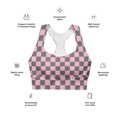 Pink and gray checkered sports bra with features listed on a white background