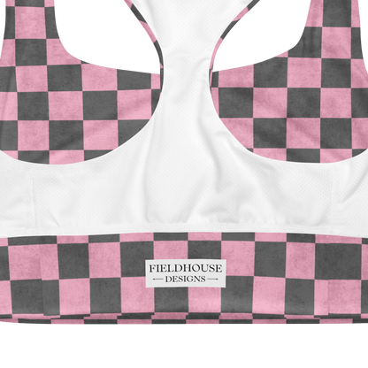 pink and gray checkered bra and 'Fieldhouse Designs' label.
