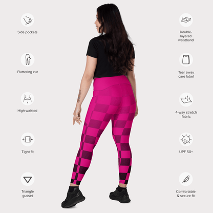 Woman wearing pink checkered leggings with feature icons on a white background