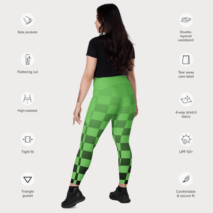 Green checkered leggings with features listed on a white background