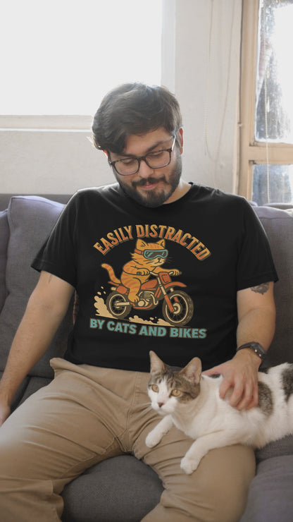 Retro Moto Cat Organic Cotton Shirt - Easily Distracted by Cats and Bikes Tee