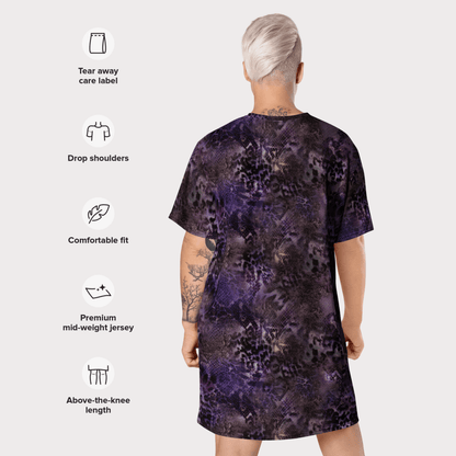 Purple Animal Print T-Shirt Dress – Oversized Snake & Leopard Mix for Bold Streetwear
