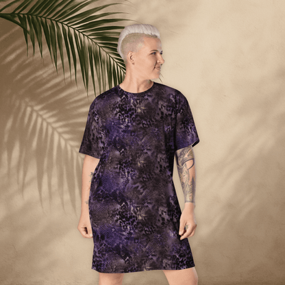 Purple Animal Print T-Shirt Dress – Oversized Snake & Leopard Mix for Bold Streetwear