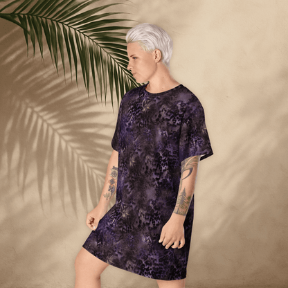 Purple Animal Print T-Shirt Dress – Oversized Snake & Leopard Mix for Bold Streetwear