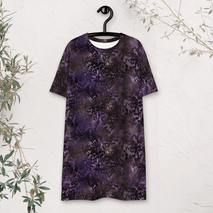 Purple Animal Print T-Shirt Dress – Oversized Snake & Leopard Mix for Bold Streetwear