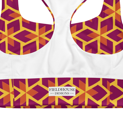 sports bra with geometric pattern and 'Fieldhouse Designs' label