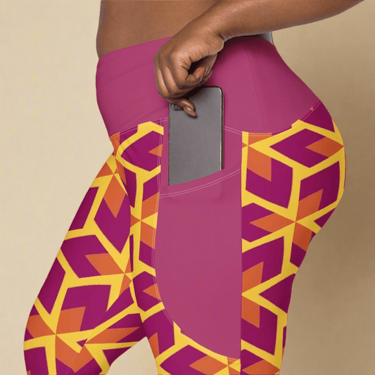 Purple leggings with geometric pattern and pocket holding a phone on a beige background