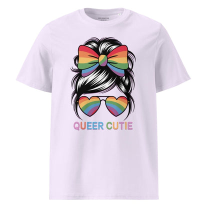 lavender t-shirt with rainbow bow, sunglasses, and 'QUEER CUTIE' text on a white background