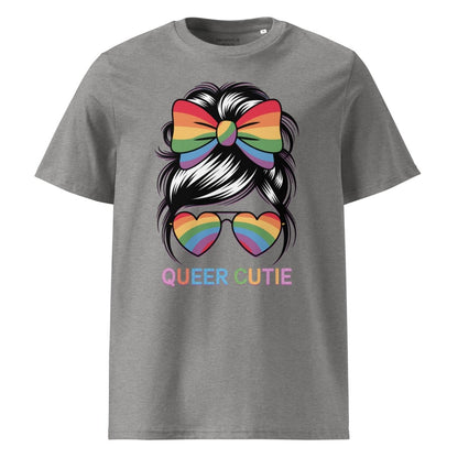 Gray t-shirt with rainbow bow, heart sunglasses, and 'Queer Cutie' text on a white background