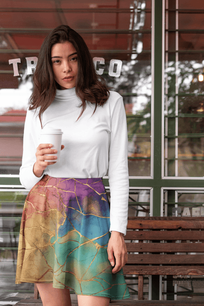 Radiant Repair Skater Skirt | Rainbow Kintsugi - Inspired Gradient with Gold Veins - Skater Skirt