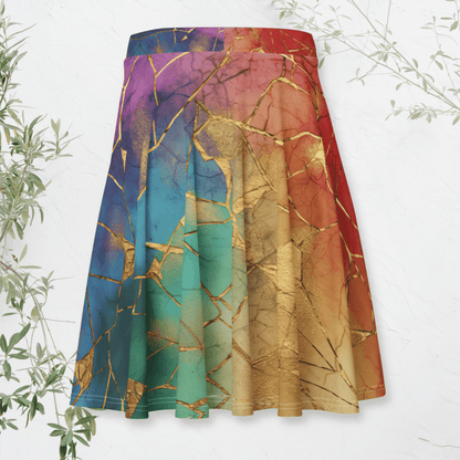 Radiant Repair Skater Skirt | Rainbow Kintsugi - Inspired Gradient with Gold Veins - Skater Skirt