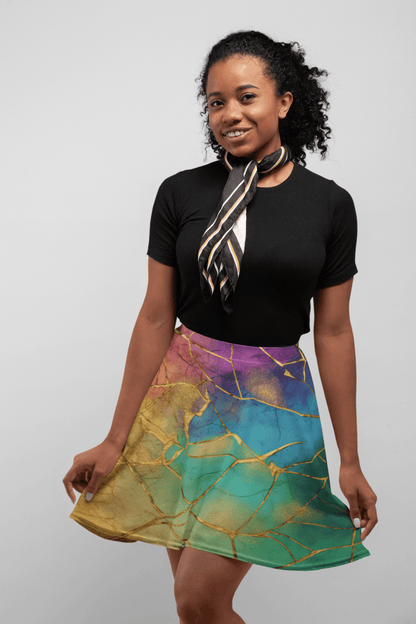 Radiant Repair Skater Skirt | Rainbow Kintsugi - Inspired Gradient with Gold Veins - Skater Skirt