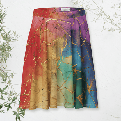 Radiant Repair Skater Skirt | Rainbow Kintsugi - Inspired Gradient with Gold Veins - Skater Skirt
