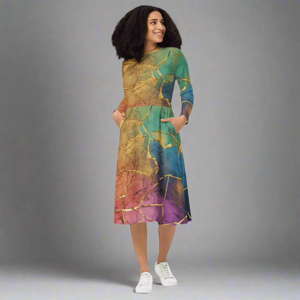 Rainbow & Gold Crackle Long Sleeve Midi Dress with Pockets 2XS - 6XL - Premium Knit Jersey - Midi Dress
