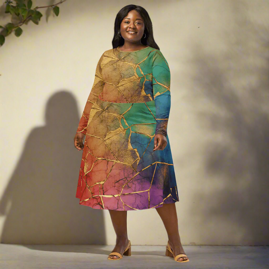 Rainbow Gold Crackle Midi Dress | Long Sleeve Pocket Dress with Luxe Boho Vibes - Midi Dress