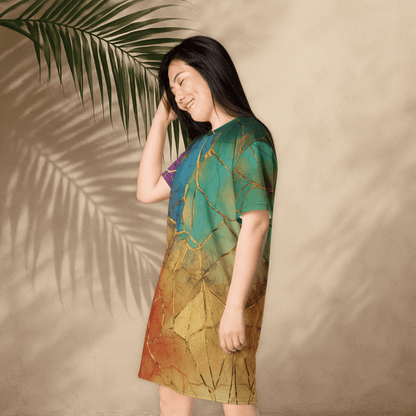 Rainbow Gold Crackle T-Shirt Dress – Oversized Kintsugi - Inspired Art Dress for Bold Style
