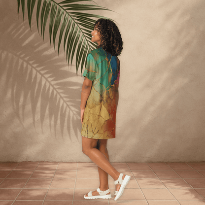 Rainbow Gold Crackle T-Shirt Dress – Oversized Kintsugi - Inspired Art Dress for Bold Style