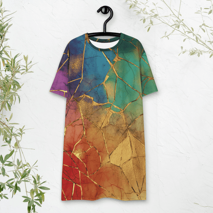 Rainbow Gold Crackle T-Shirt Dress – Oversized Kintsugi - Inspired Art Dress for Bold Style