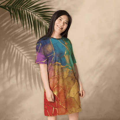 Rainbow Gold Crackle T-Shirt Dress – Oversized Kintsugi - Inspired Art Dress for Bold Style