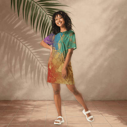 Rainbow Gold Crackle T-Shirt Dress – Oversized Kintsugi - Inspired Art Dress for Bold Style