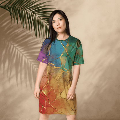 Rainbow Gold Crackle T-Shirt Dress – Oversized Kintsugi - Inspired Art Dress for Bold Style