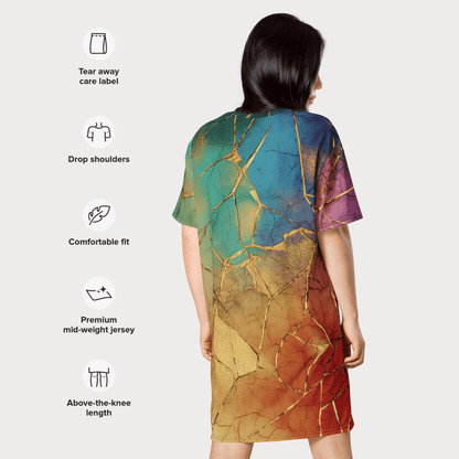 Rainbow Gold Crackle T-Shirt Dress – Oversized Kintsugi - Inspired Art Dress for Bold Style