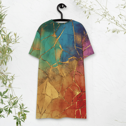 Rainbow Gold Crackle T-Shirt Dress – Oversized Kintsugi - Inspired Art Dress for Bold Style
