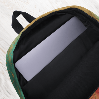 Backpack with a laptop inside on a light wooden surface