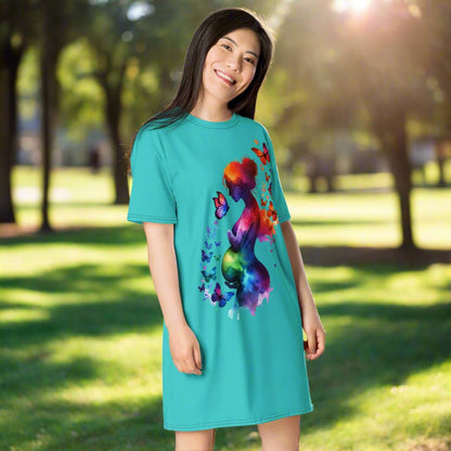 Rainbow Pregnant Woman Butterfly Watercolor Oversized T-shirt Dress 2XS - 6XL - Novelty T-Shirt Dress