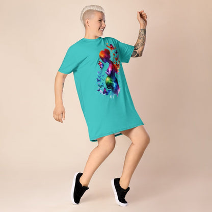 Rainbow Pregnant Woman Butterfly Watercolor Oversized T-shirt Dress 2XS - 6XL - Novelty T-Shirt Dress