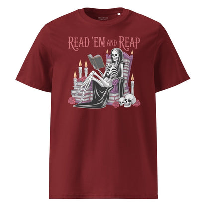 Maroon t-shirt with skeleton reading a book graphic and 'Read 'Em and Reap' text on a white background