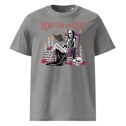 Gray t-shirt with a skeleton reading a book design and 'Read 'em and Reap' text on a white background.