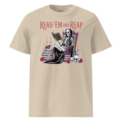 Beige t-shirt with skeleton reading a book graphic and 'Read 'Em and Reap' text on a white background