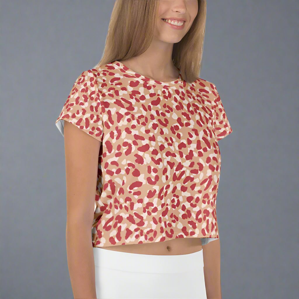 Red Leopard Cropped Tee | All - Over Print Statement Shirt for Bold Babe Energy - Crop Tee