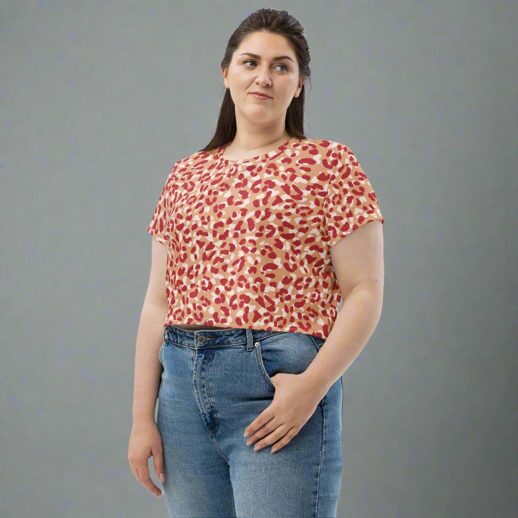 Red Leopard Cropped Tee | All - Over Print Statement Shirt for Bold Babe Energy - Crop Tee