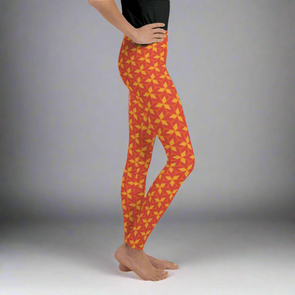 Red - Orange Geometric Youth Leggings 8 - 20 - UV Protection with Four - way Stretch - Leggings 8 - 20