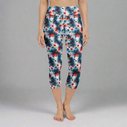 Red, White & Boom Yoga Capri Leggings – Patriotic Starburst Print - Capri Leggings