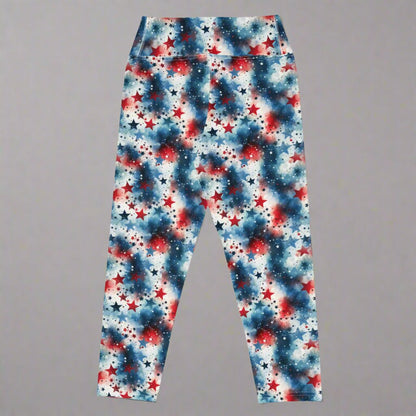 Red, White & Boom Yoga Capri Leggings – Patriotic Starburst Print - Capri Leggings