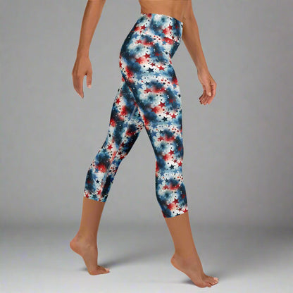 Red, White & Boom Yoga Capri Leggings – Patriotic Starburst Print - Capri Leggings