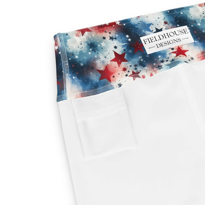 Red, White & Boom Yoga Capri Leggings – Patriotic Starburst Print - Capri Leggings