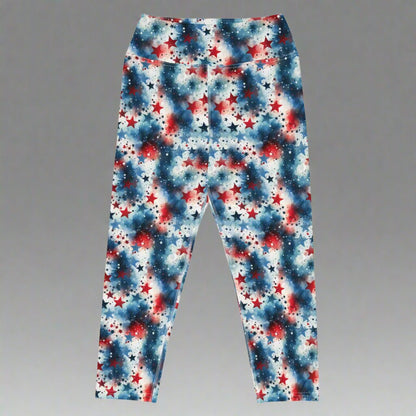 Red, White & Boom Yoga Capri Leggings – Patriotic Starburst Print - Capri Leggings